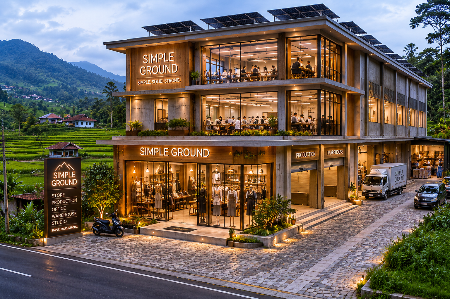 Gedung dengan identitas Simple Ground di tengah lanskap hijau